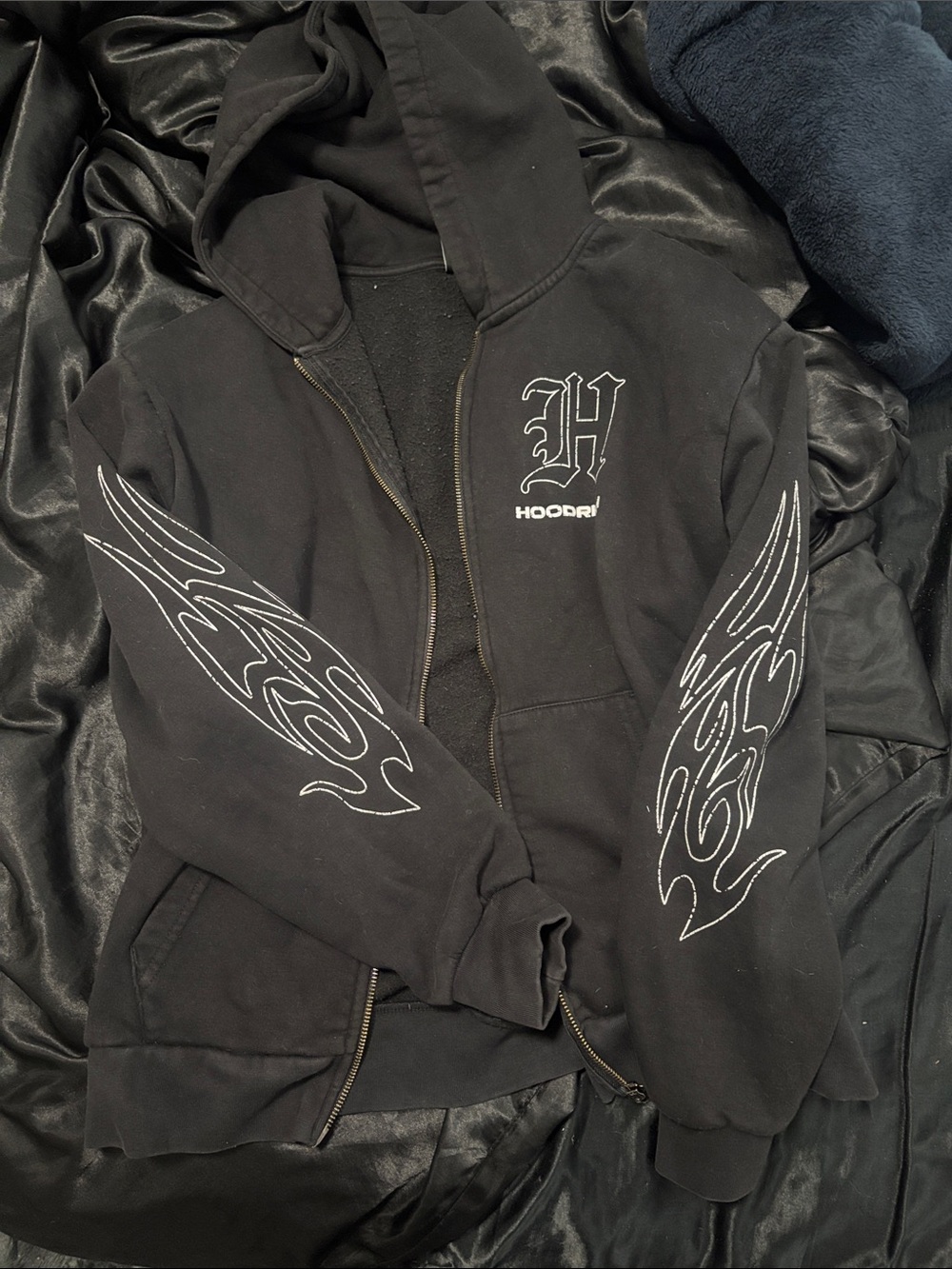 Black Hoodrich Zip-up with White Flame Sleeve Graphics